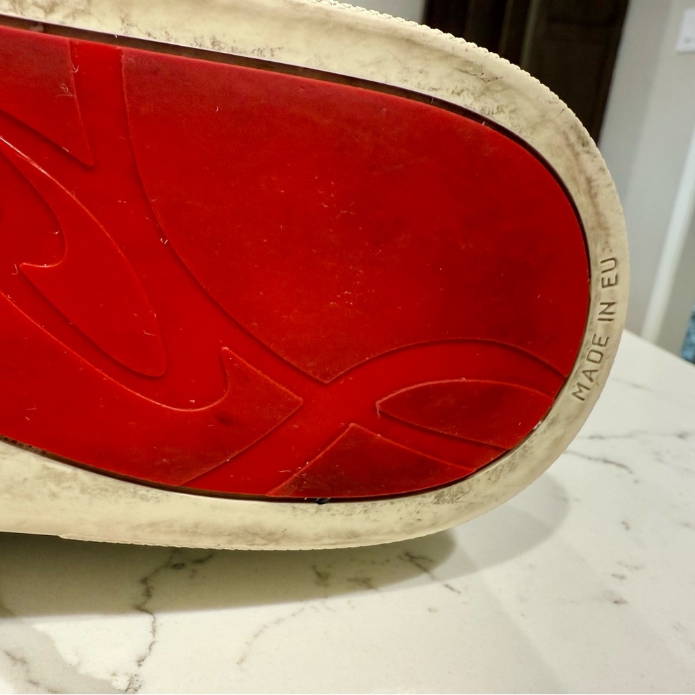 Christian Louboutin Gray suede & hint of deep green Sneakers studs & Cream Laces - Picture 9 of 10